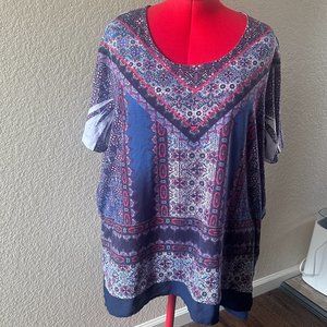 Catherines red/white/blue T-shirt with sheer slit back panel and hemline Size 2X